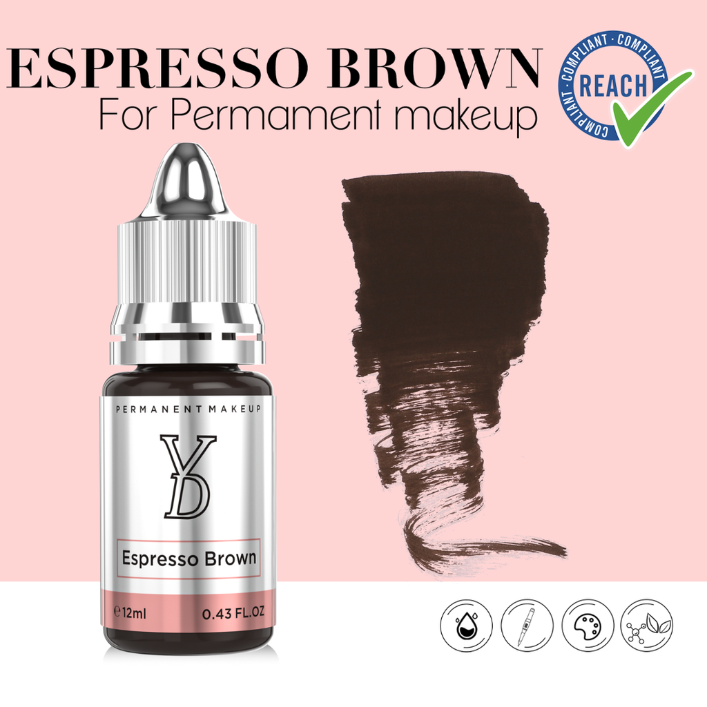YDPMU Espresso Brown pigmento profesional para cejas con muestra de color marrón espresso intenso fórmula híbrida conforme REACH formato 12 ml