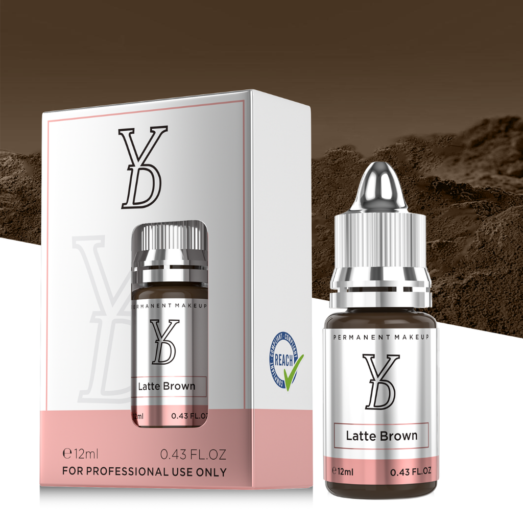 Pigmento PMU para cejas YDPMU Latte Brown 12 ml con frasco y packaging original conforme a REACH para uso profesional