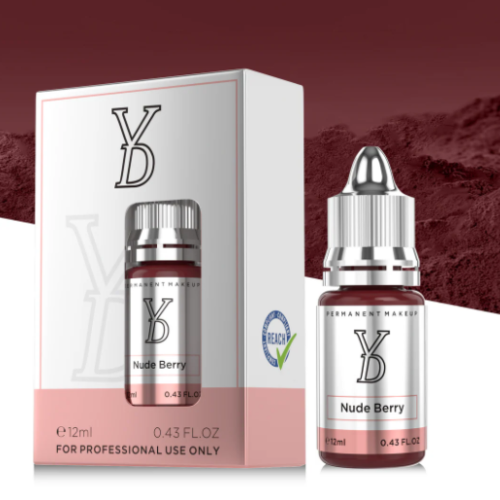 Pigmento PMU para labios YDPMU Nude Berry 12 ml con frasco profesional y packaging original en tono rosa nude berry malva