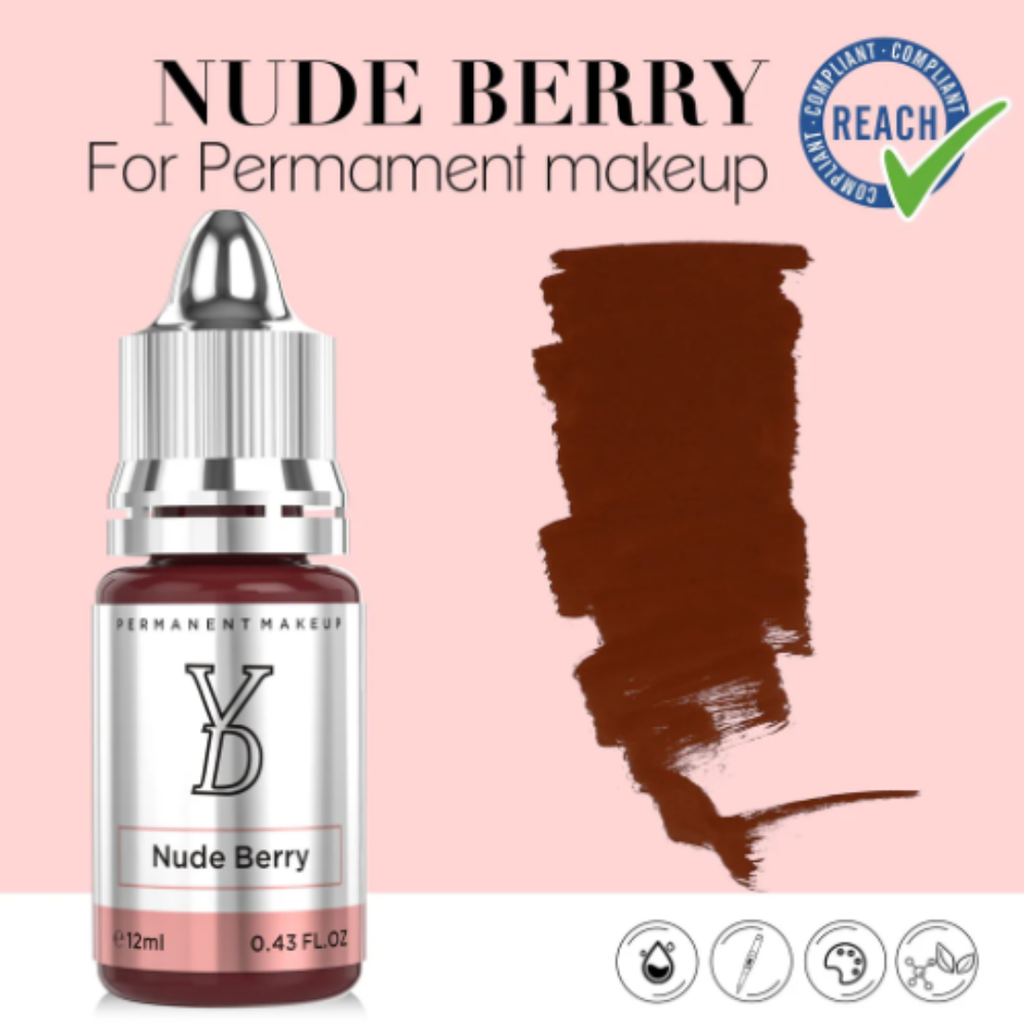 Pigmento PMU YDPMU Nude Berry 12 ml con muestra rosa nude berry, frasco profesional y referencia gráfica de conformidad REACH