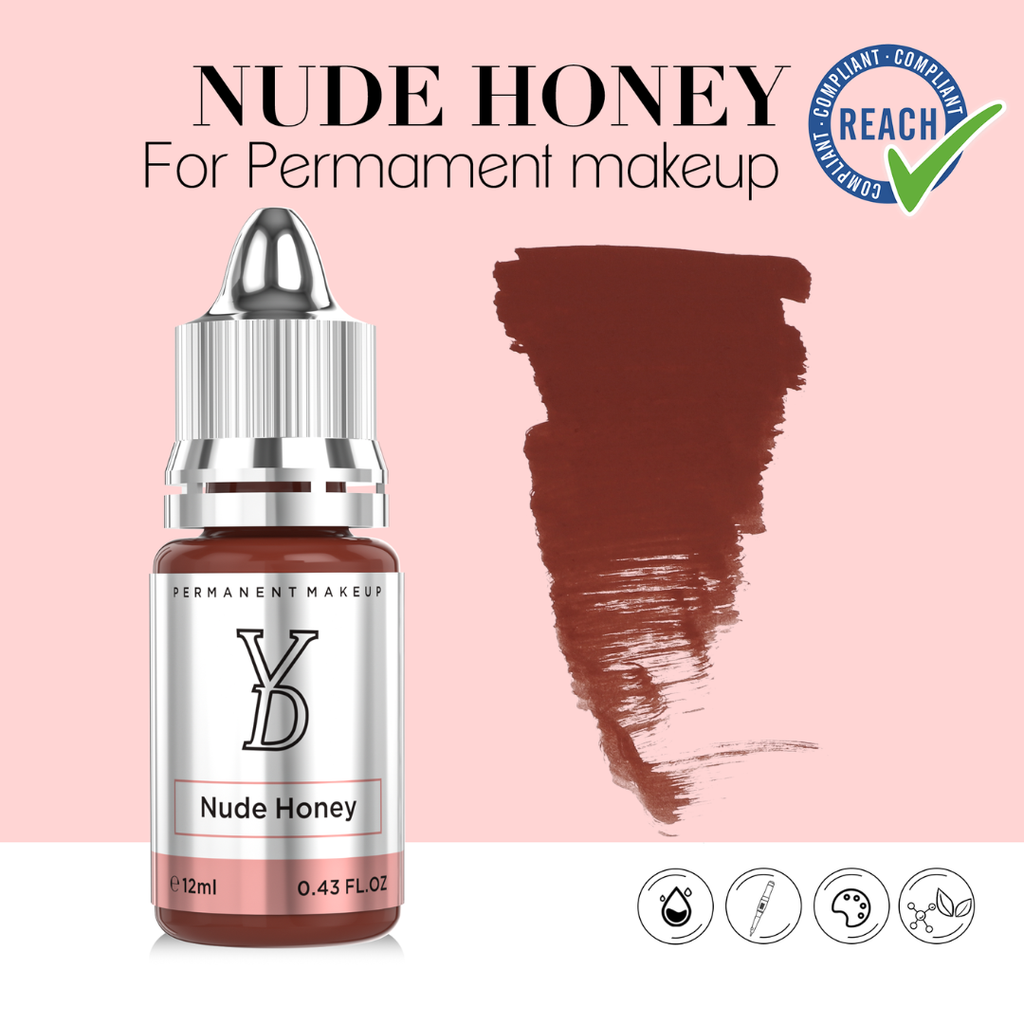 Pigmento PMU YDPMU Nude Honey 12 ml con swatch nude miel cálido, frasco profesional y referencia gráfica REACH
