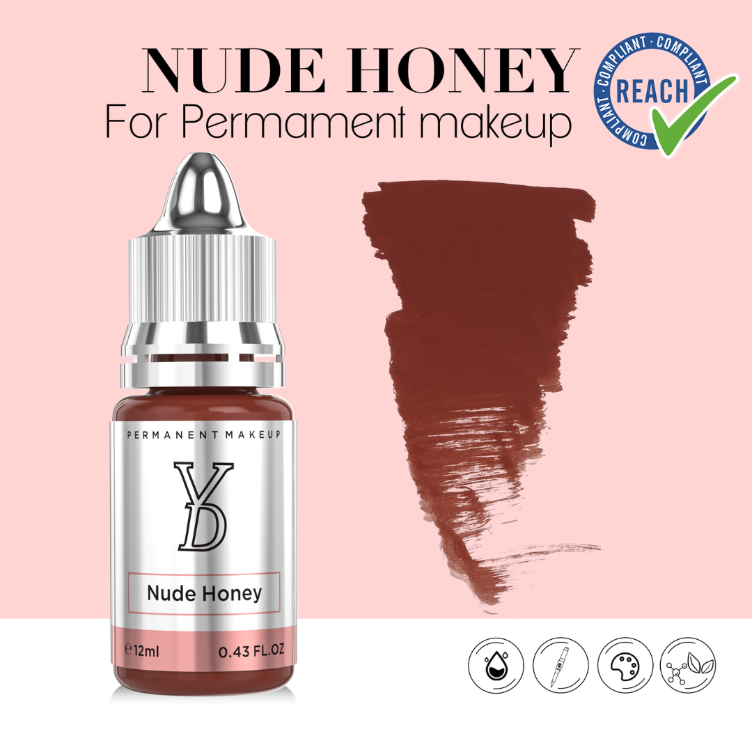Pigmento PMU YDPMU Nude Honey 12 ml con swatch nude miel cálido, frasco profesional y referencia gráfica REACH