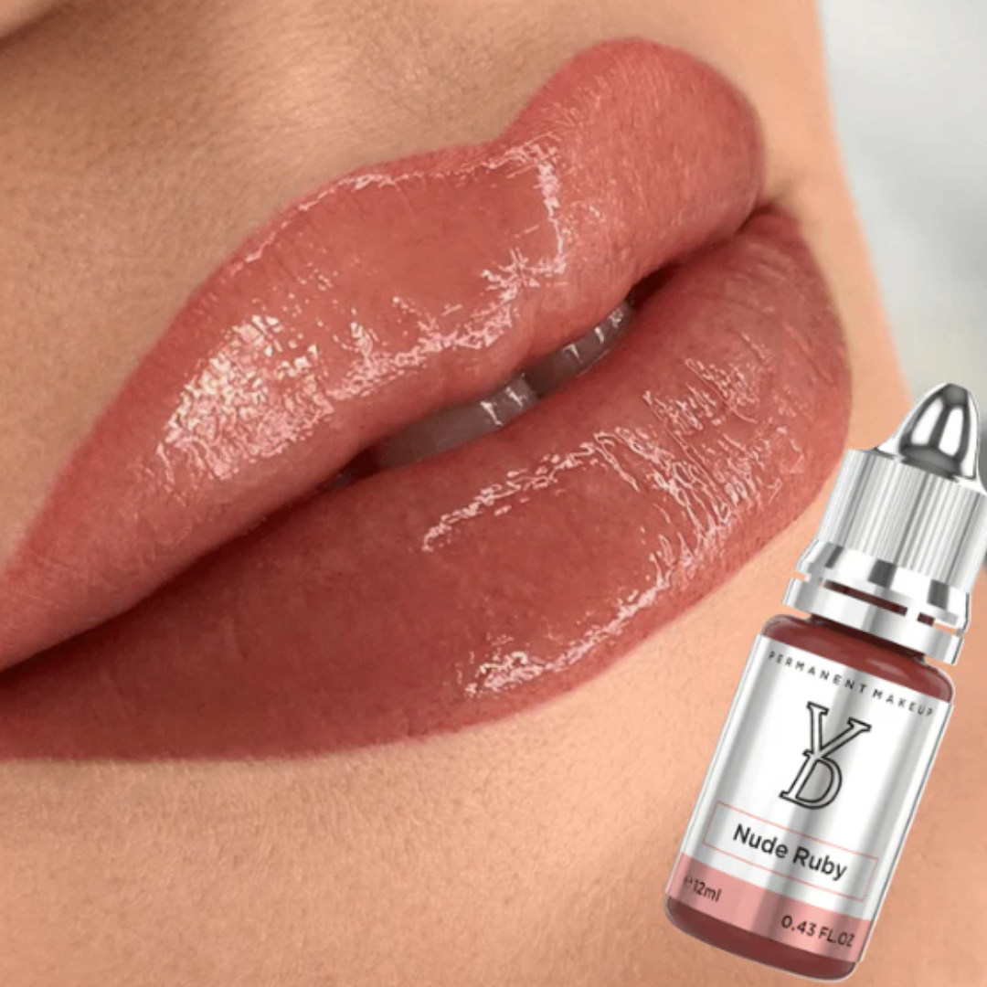 Pigmento PMU YDPMU Nude Ruby aplicado en labios efecto lip blush rose nude intenso con matices berry rojizos resultado elegante para maquillaje permanente profesional