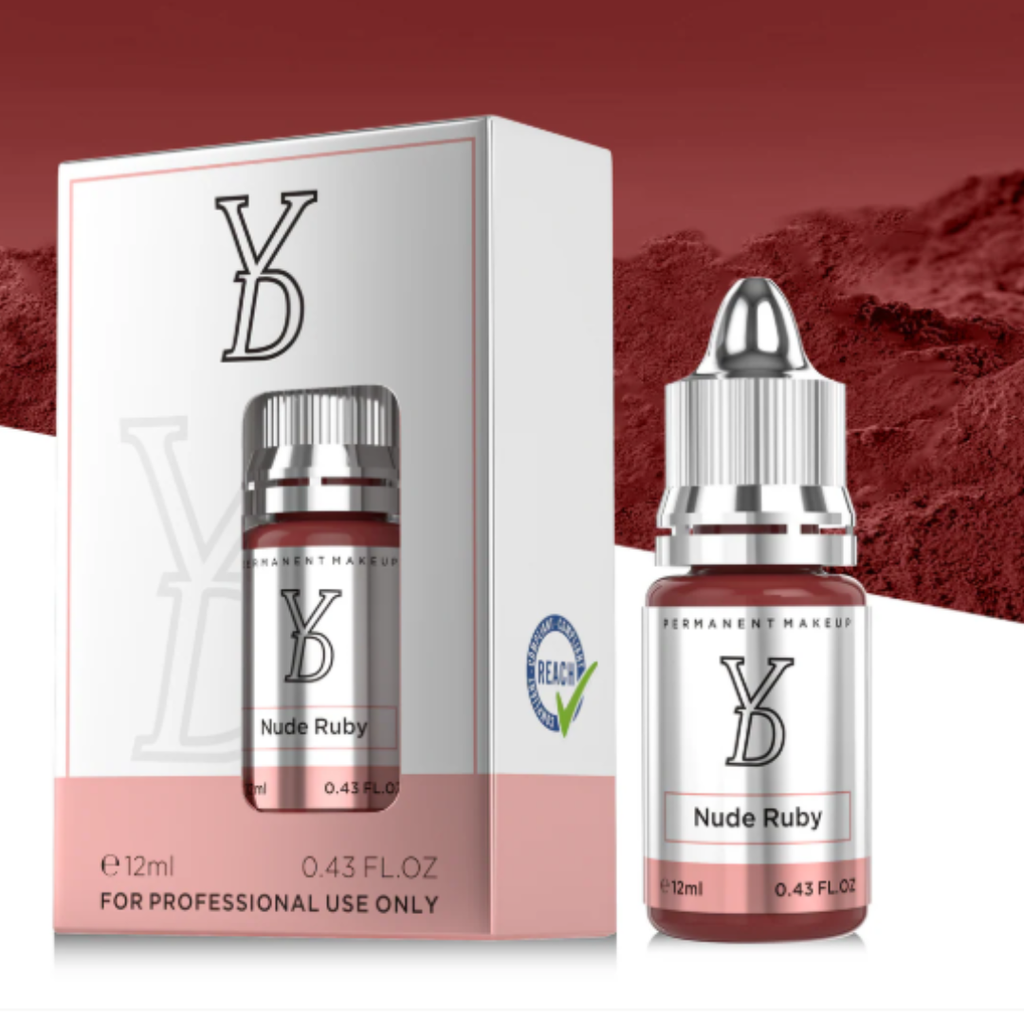 Packaging original YDPMU Nude Ruby pigmento PMU profesional para labios y areola tono rose nude berry formato 12 ml conforme REACH