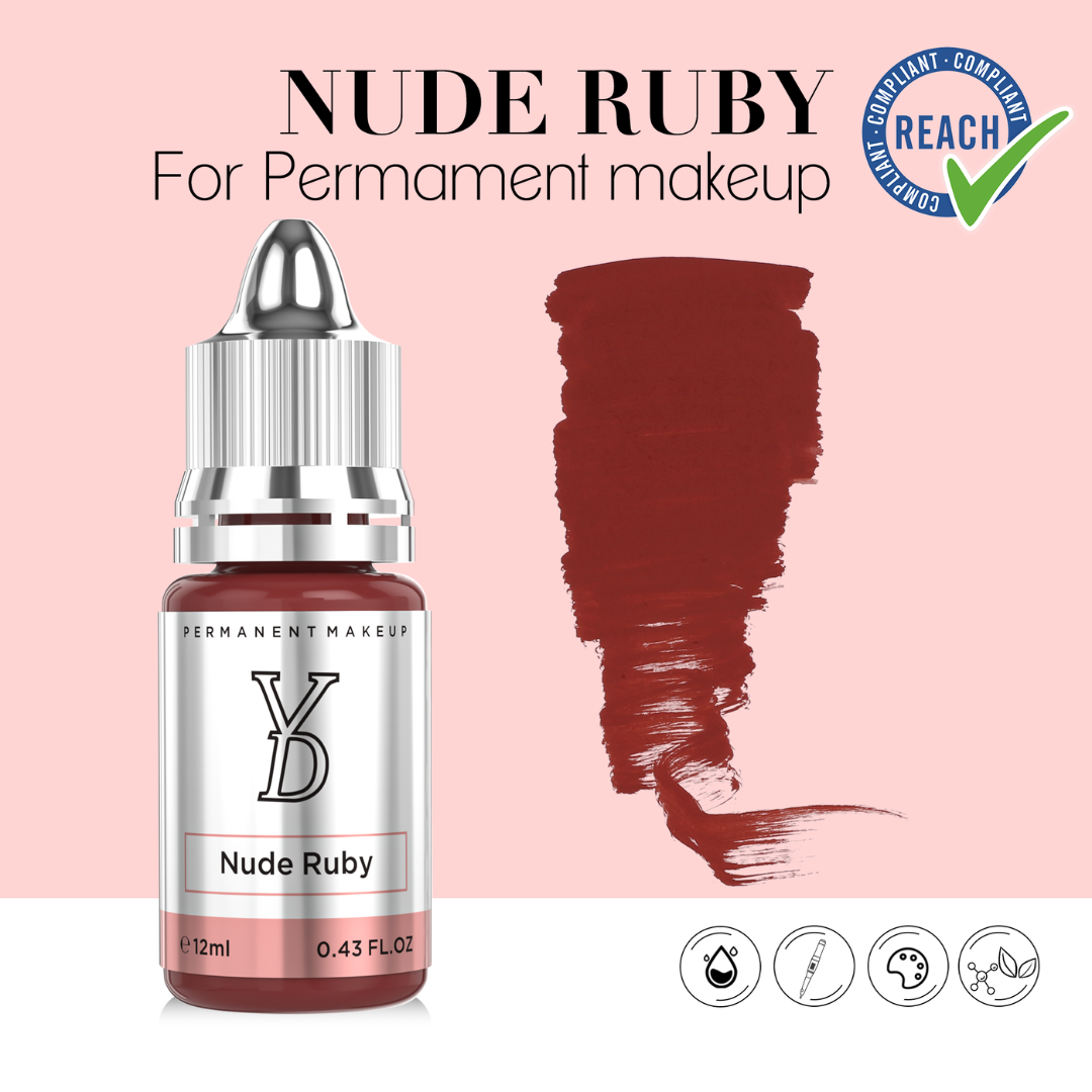 Muestra de color YDPMU Nude Ruby sobre piel comparativa de pigmentos PMU para labios tono rose nude berry dentro de la colección Powder Series