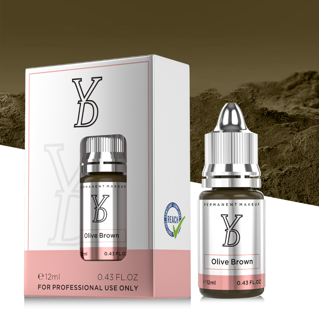 Packaging original YDPMU Olive Brown pigmento PMU profesional para cejas marrón frío oliva ceniza formato 12 ml conforme REACH