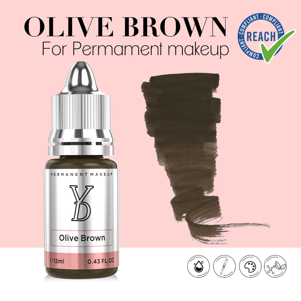 YDPMU Olive Brown pigmento profesional para cejas con muestra de color marrón frío oliva ceniza conforme REACH formato 12 ml