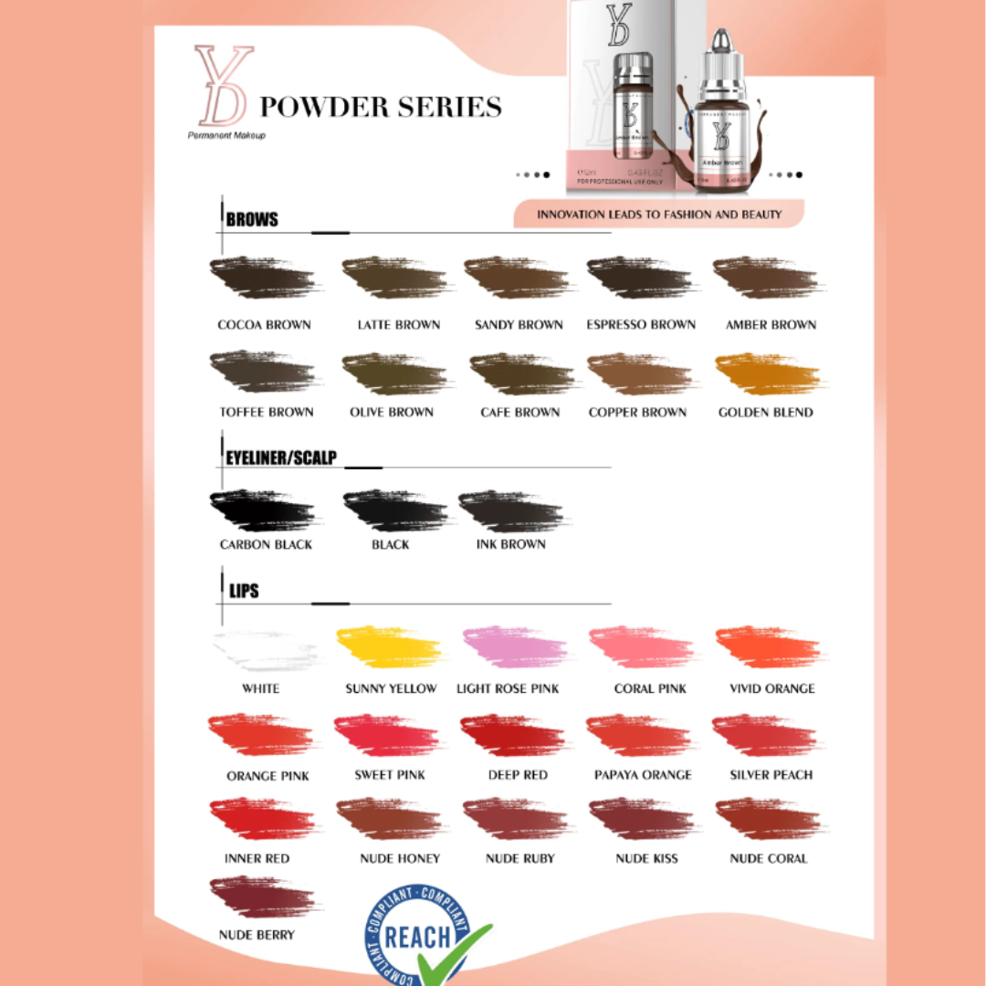 Carta de colores completa YDPMU Powder Series con pigmentos profesionales para cejas labios eyeliner y cuero cabelludo