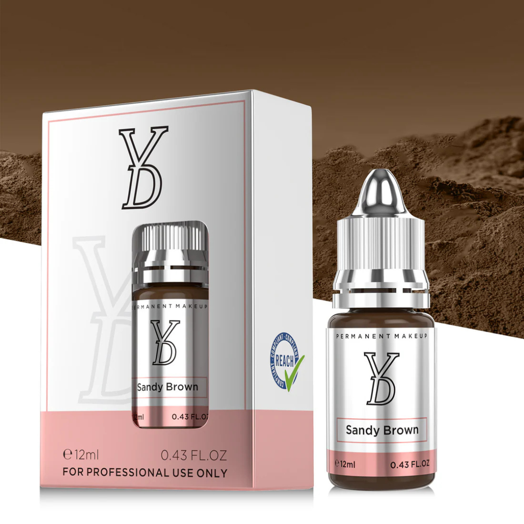 Pigmento PMU para cejas YDPMU Sandy Brown 12 ml con frasco y packaging original REACH para uso profesional