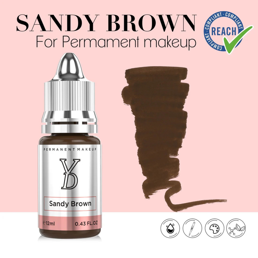 Textura y swatch del pigmento YDPMU Sandy Brown 12 ml marrón beige arena claro para Powder Brows y Ombre Brows