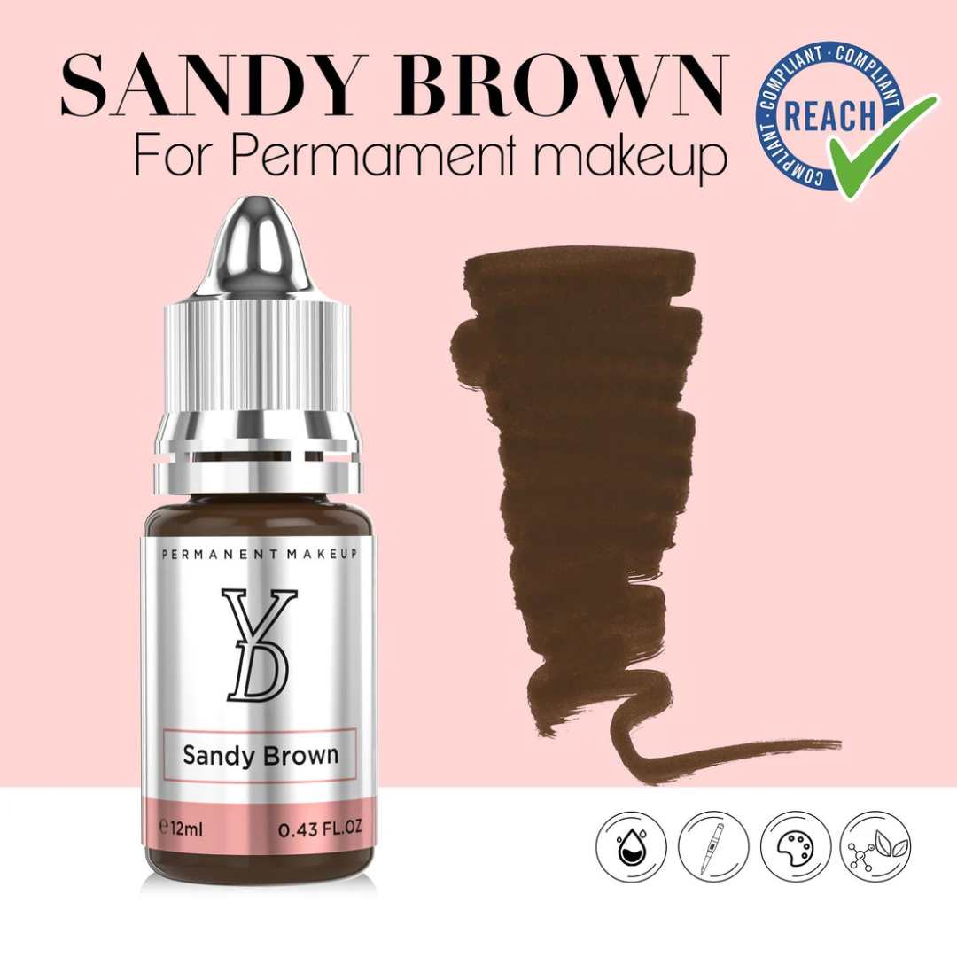 Textura y swatch del pigmento YDPMU Sandy Brown 12 ml marrón beige arena claro para Powder Brows y Ombre Brows