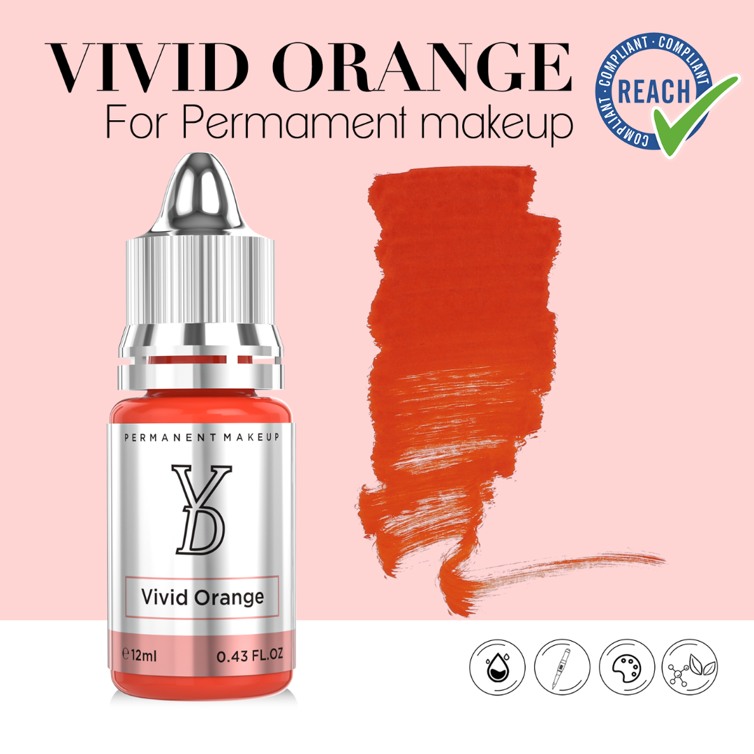 Pigmento PMU para labios YDPMU Vivid Orange 12 ml con muestra de color naranja puro y referencia REACH